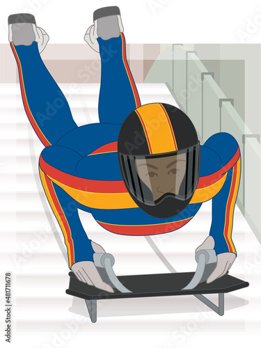 skeleton bobsled sport, rider face down head-first, racing downhill on iced tracks