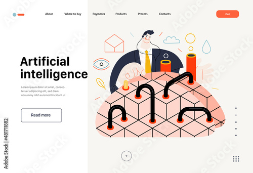 Technology Memphis - Artificial intelligence - modern flat vector concept digital illustration Artificial Intelligence metaphor. Business workflow management. Creative landing web page template