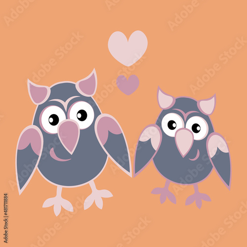 two owls in love with hearts. Cartoon birds. Pastiche. Children drawing