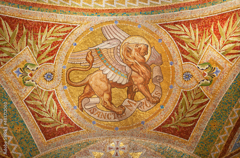 MADRID, SPAIN - MARCH 9, 2013: Mosaic of lion as symbol of Saint Mark the Evangelist in Iglesia de San Manuel y San Benito by architect Fernando Arbos from 19. cent.