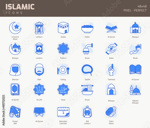 Islamic Blue Line Icon set, Islamic holiday symbols collection, vector illustrations