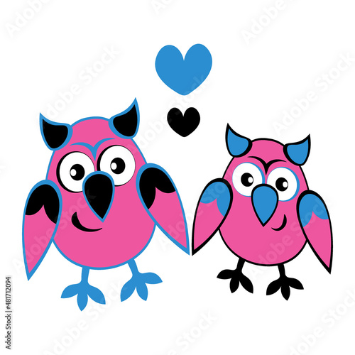 two owls in love with hearts. Cartoon birds. Pastiche. Children drawing