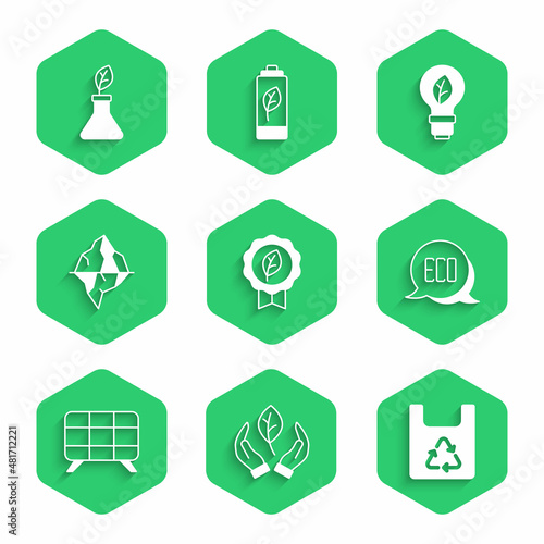 Set Leaf Eco symbol, in hand, Shopping bag with recycle, Solar energy panel, Iceberg, Light bulb leaf and Plant breeding icon. Vector