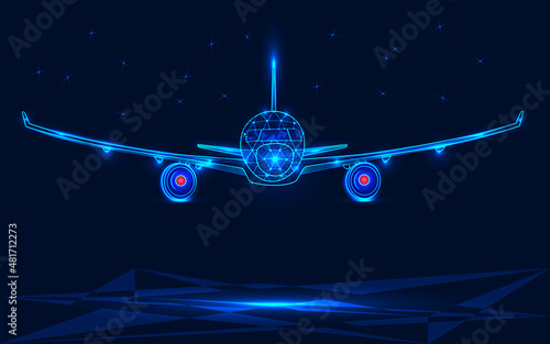 A digital futuristic airplane flying in the starry sky. A low-poly model of air transport. Blue background. An abstract airliner built from dots. Vector illustration.