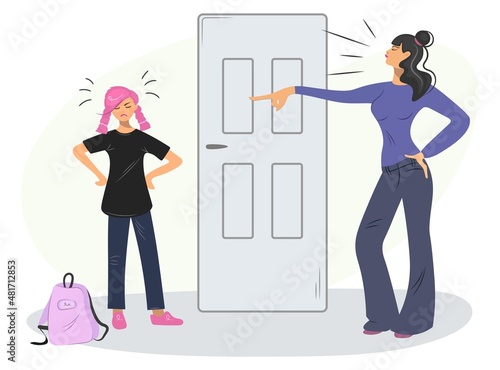 The angry mother is unhappy with her daughter's informal behavior and scolds her. Family conflict between mother and daughter teenager. The concept of the problems of adolescence. Vector flat style.