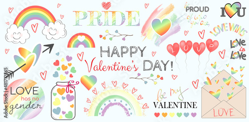 Festive stickerpack on LGBT topic containing phrases, lgbt symbols, rainbows, hearts for congratulation with Valentines day. Trendy lettering and festive text design. Gay pride and love concept