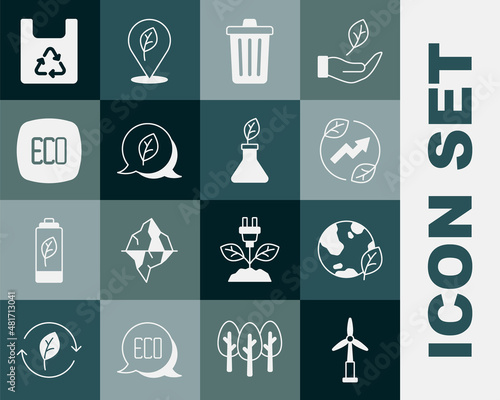 Set Wind turbine, Earth globe and leaf, Electric saving plug, Trash can, Leaf Eco symbol, Shopping bag with recycle and Plant breeding icon. Vector