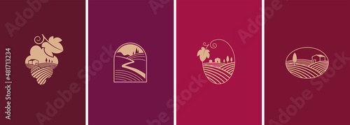 Wine, vineyard, organic natural winery logo collection. Vineyard field and grapes symbols and icons 