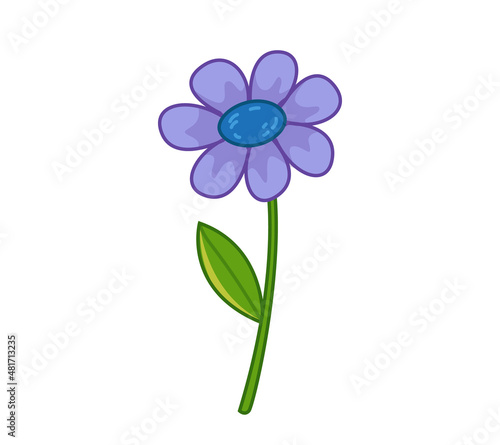 Nice blue flower. Vector illustration in cartoon childish style. Isolated funny clipart on white background. Lovely floral print.