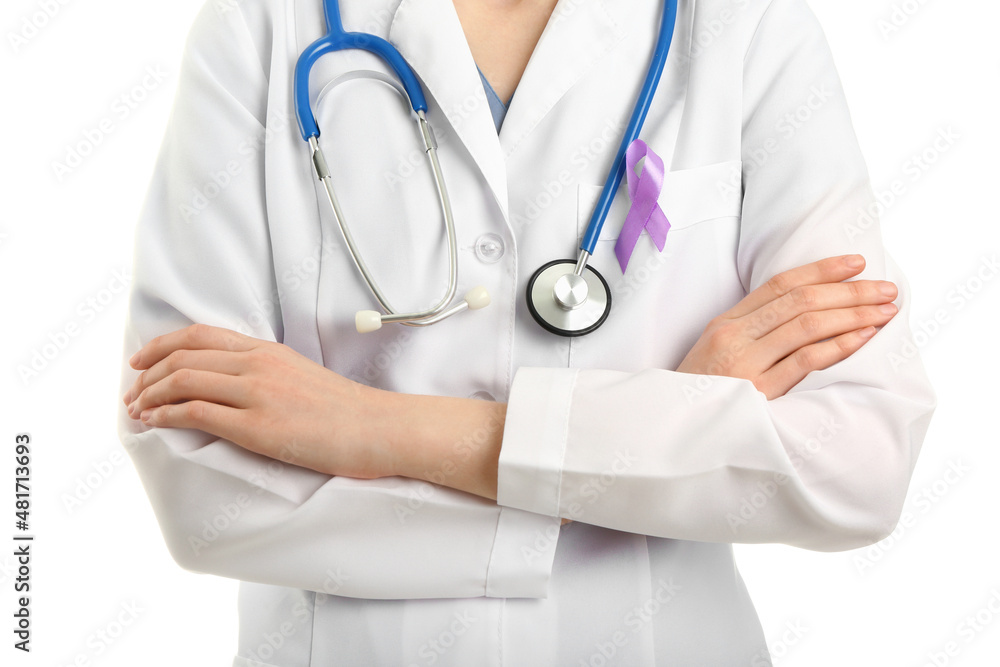 Female doctor with crossed hands and lavender awareness ribbon on white background. World Cancer Day Female doctor with crossed hands and lavender awareness ribbon on white background. World Cancer Day