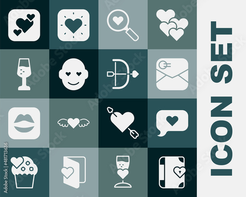 Set Love diary, Heart in speech bubble, Envelope with Valentine heart, Search and love, Romantic man, Glass of champagne, and Bow arrow icon. Vector