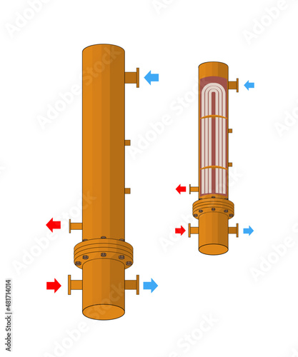 Vertical shell and tube heat exchanger with inside structure variant and ways of inhaust or exhaust explanation isolated on white. Vector illustration.