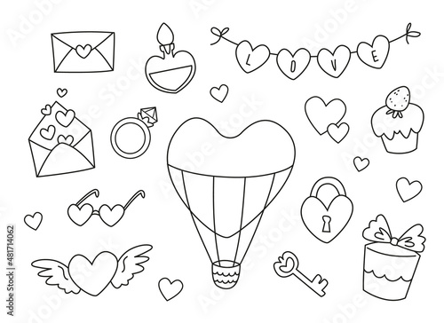 Black and white Set of decor items for Valentine's Day. Cute cartoon drawings for Valentine's Day, wedding, bachelorette party. Heart, invitation envelope, diamond ring, key, lock, sweets and gifts.