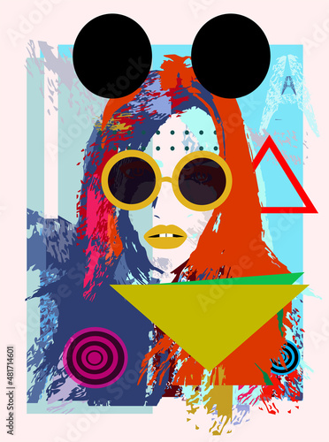 Sexy girl with mouse ears and yellow lips, funky pop art background. Colorful geometric vector.