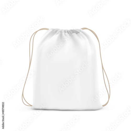 Cloth backpack bag with rope stripes mockup. Drawstring canvas backpack. Vector illustration. Can be use for your design. EPS10.