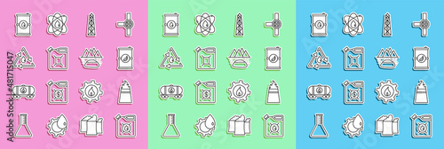 Set line Canister for motor machine oil, Oil rig with fire, Bio fuel barrel, gasoline, drop recycle, Barrel and Oilfield icon. Vector