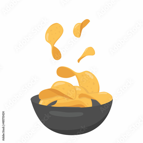 Potato chips in ceramic clay bowl for fast food menu. Fried slices potato for packaging design. Vector stock illustration isolated on white background. EPS10.