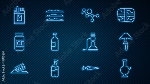 Set line Glass bong for smoking marijuana, Psilocybin mushroom, Cannabis molecule, Alcohol drink bottle, Medicine and pills, Open cigarettes pack box, Hookah and Cocaine heroin drug icon. Vector