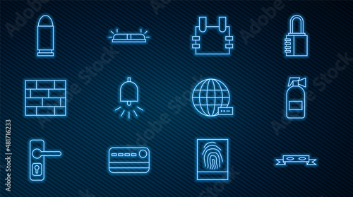 Set line Thief eye mask, Fire extinguisher, Bulletproof vest, Ringing alarm bell, Bricks, Social network and Flasher siren icon. Vector