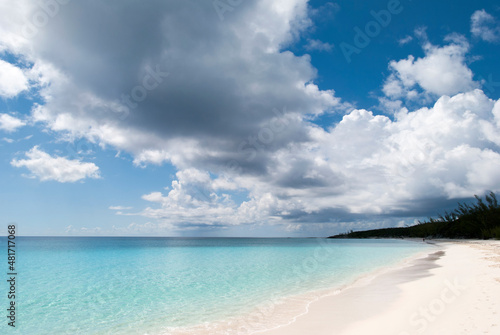 Fototapeta Naklejka Na Ścianę i Meble -  Half Moon Cay Island Beach With Clouds