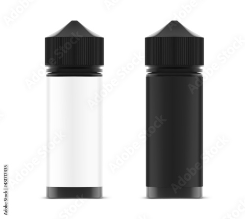 Black and white vape bottle mockup isolated on white background. Vector illustration. Can be used to present cigarette liquid, medical and other needs. EPS10.	
