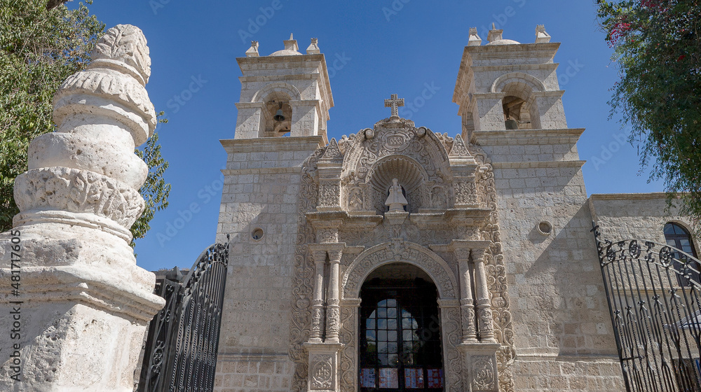 Facade of the Cayma Church, in Arequipa city, Peru.