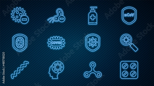 Set line Pills in blister pack, Virus under magnifying glass, Bottle of liquid antibacterial soap, Corona virus covid-19, Shield protecting from, Negative, and icon. Vector