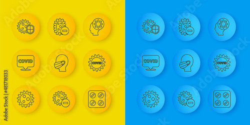 Set line Virus, Corona virus covid-19 on location, Face in medical protective mask, Pills blister pack, Shield protecting from, Human and and Negative icon. Vector