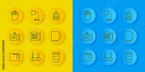 Set line Document folder, Identification badge, Telephone, Coffee cup to go, Full trash can, Glue and Table lamp icon. Vector