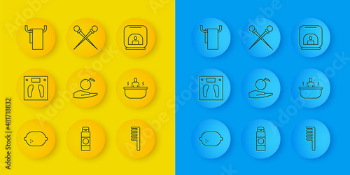 Set line Lemon, Bathroom scales, Apple in hand, Hairbrush, Bathtub, Towel hanger, Aroma lamp and Knitting needles icon. Vector