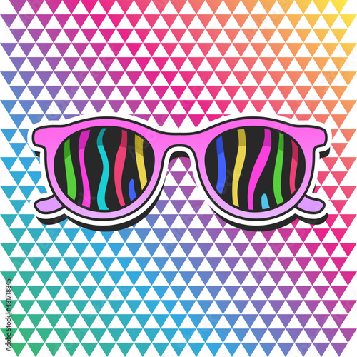 Nineties fashion style. Pink sunglasses on a pattern background of colorful triangles.