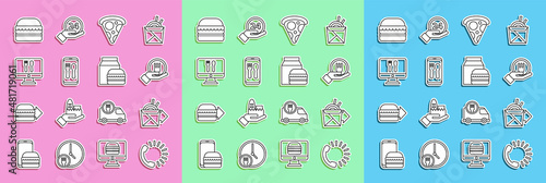 Set line Food ordering, Online noodles delivery, and, Slice of pizza, Burger and burger icon. Vector
