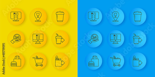 Set line Online ordering burger delivery, Clock 24 hours, and, Coffee cup to go, Cafe restaurant location, and Alcohol beer bar icon. Vector