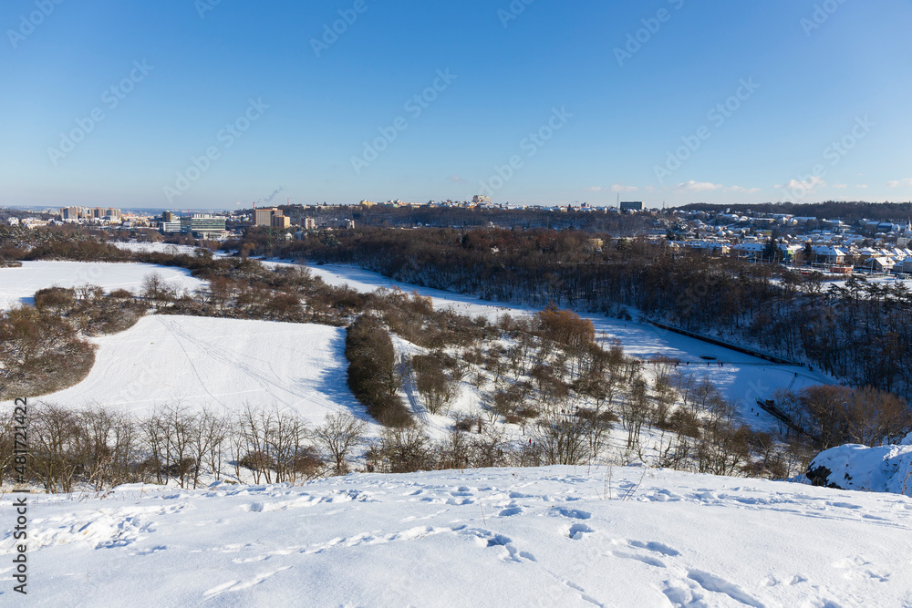 Snowy sunny Ticha Sarka in the Winter, Nature Reserve in Prague
