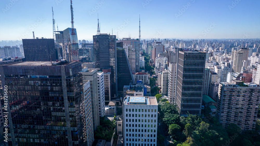 Aerial view of Av. Paulista in São Paulo, SP. Main avenue of the capital. With many radio antennas, commercial and residential buildings. Aerial view of the great city of São Paulo.