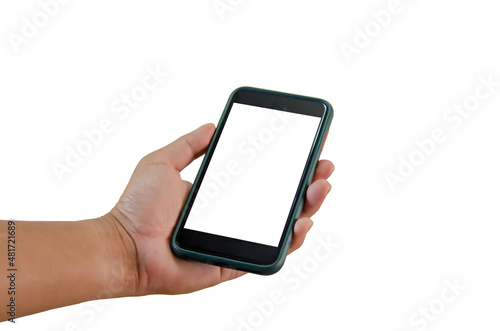 Hand holding a smartphone on a white background. White blank phone screen.