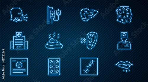 Set line Herpes lip, Male doctor, Hepatitis virus, Shit, Medical hospital building, Man coughing, Deaf and IV bag icon. Vector
