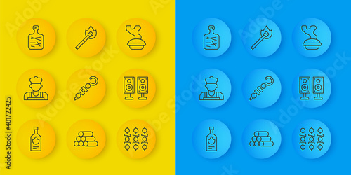 Set line Tabasco sauce, Cook, Grilled shish kebab, Stereo speaker, Cutting board, Homemade pie and Burning match with fire icon. Vector
