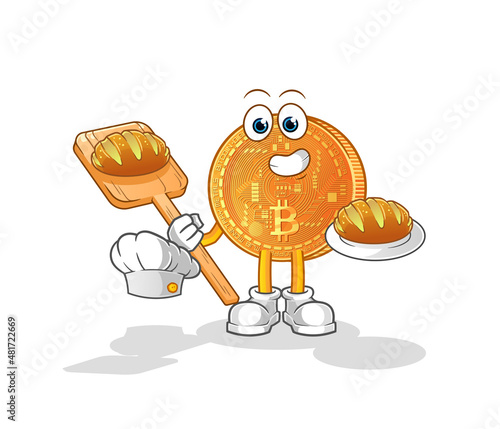 bitcoin baker with bread. cartoon mascot vector