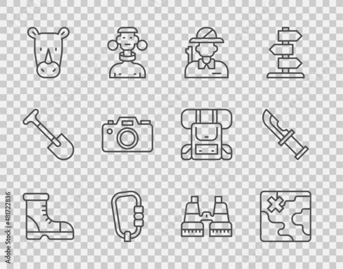 Set line Hunter boots, Africa safari map, Carabiner, Rhinoceros, Photo camera, Binoculars and knife icon. Vector