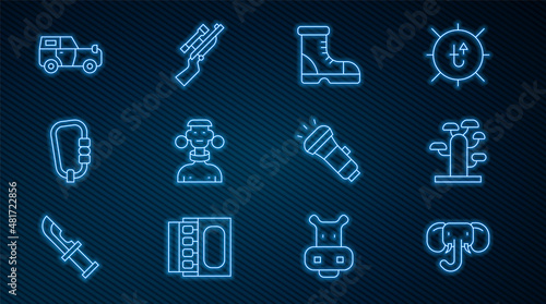 Set line Elephant, African tree, Hunter boots, tribe male, Carabiner, Off road car, Flashlight and Sniper rifle with scope icon. Vector