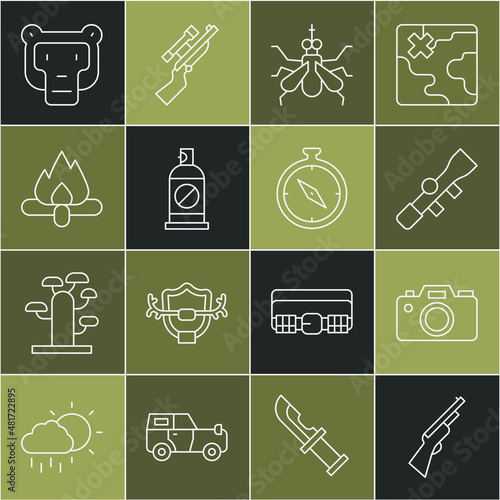 Set line Hunting gun, Photo camera, Sniper optical sight, Mosquito, Spray against insects, Campfire, Monkey and Compass icon. Vector