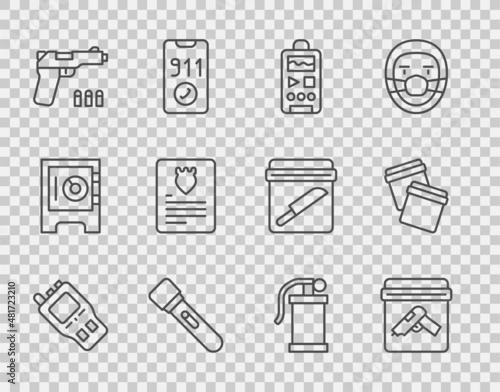 Set line Walkie talkie, Evidence bag with gun, Dictaphone, Flashlight, Pistol or, The arrest warrant, Hand smoke grenade and Plastic ziplock icon. Vector