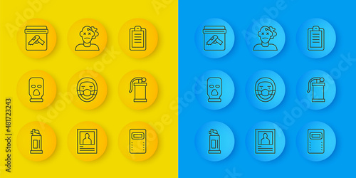Set line Pepper spray, Balaclava, Doctor pathologist, Police assault shield, Hand smoke grenade, Evidence bag with gun, report and Murder icon. Vector