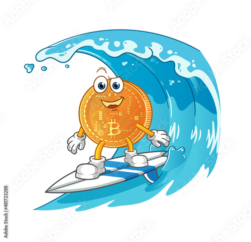 Photography bitcoin surfing character. cartoon mascot vector