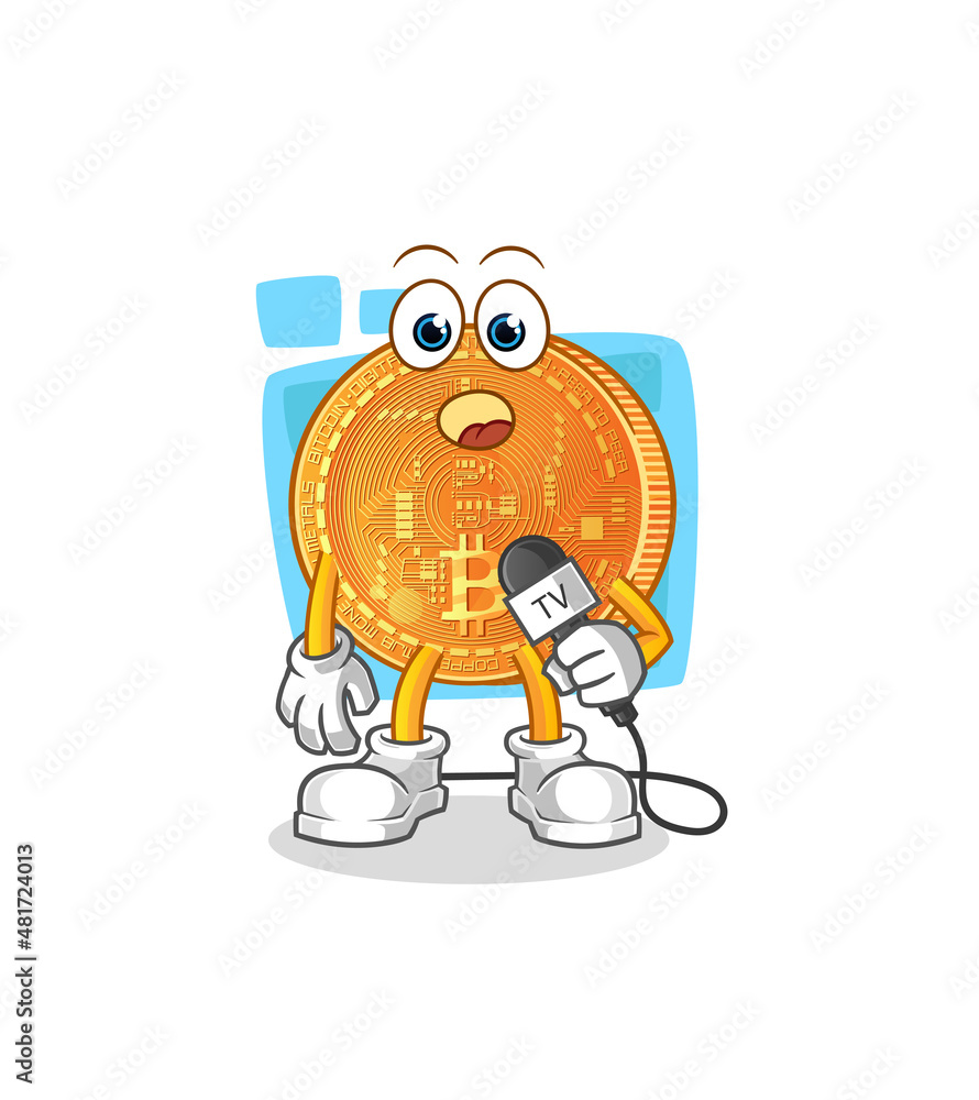 bitcoin tv reporter cartoon. cartoon mascot vector bitcoin tv reporter cartoon. cartoon mascot vector