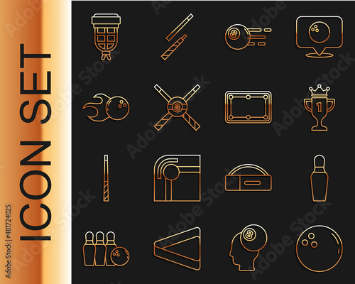 Set line Bowling ball, pin, Award cup, Billiard, Crossed billiard cues and, pocket and table icon. Vector