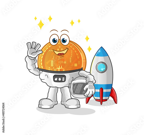 bitcoin astronaut waving character. cartoon mascot vector