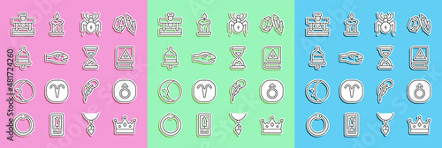 Set line King crown, Mars, Ancient magic book, Spider, Snake, Ringing alarm bell, Bottle with potion and Old hourglass sand icon. Vector