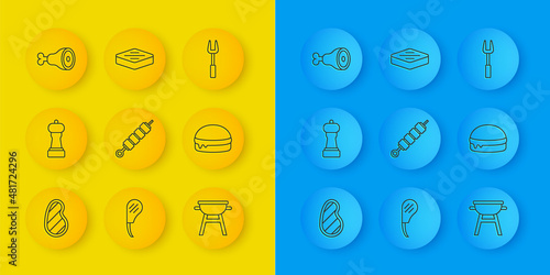 Set line Steak meat, Pepper, Grilled shish kebab, Barbecue grill, Burger, Chicken leg, fork and icon. Vector